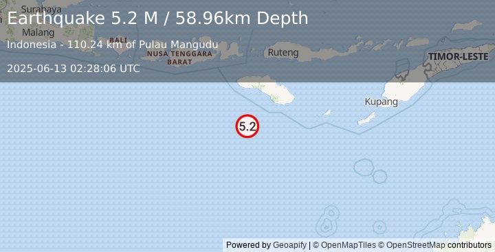 Earthquake South of Sumba, Indonesia (5.3 M) (2025-06-13 02:28:02 UTC)