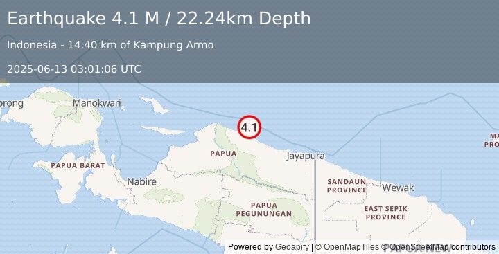 Earthquake Near North Coast of West Papua (4.1 M) (2025-06-13 03:01:06 UTC)