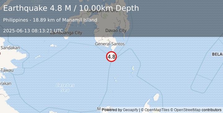Earthquake Mindanao, Philippines (4.8 M) (2025-06-13 08:13:23 UTC)