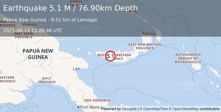 Earthquake New Britain Region, Papua New Guinea (5.1 M) (2025-06-13 11:26:45 UTC)