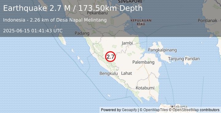 Earthquake Southern Sumatra, Indonesia (2.7 M) (2025-06-15 01:41:43 UTC)