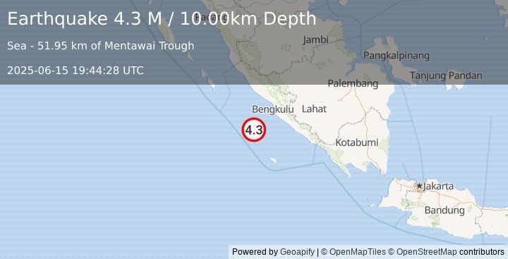 Earthquake Southern Sumatra, Indonesia (4.3 M) (2025-06-15 19:44:28 UTC)