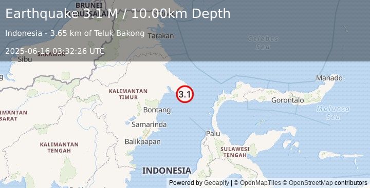 Earthquake Borneo (3.1 M) (2025-06-16 03:32:26 UTC)