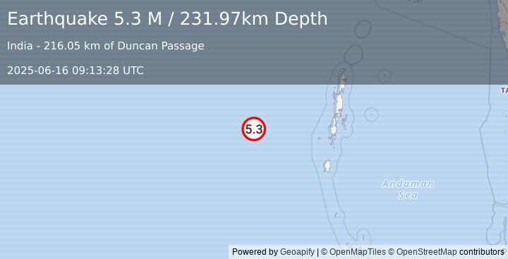 Earthquake Andaman Islands, India Region (5.0 M) (2025-06-16 09:14:03 UTC)