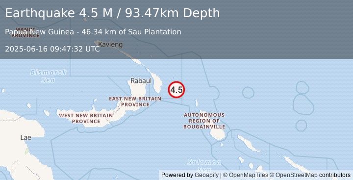 Earthquake New Ireland Region, Papua New Guinea (4.5 M) (2025-06-16 09:47:32 UTC)