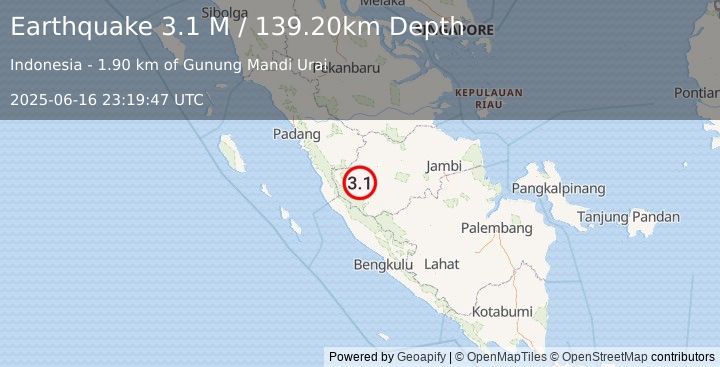 Earthquake Southern Sumatra, Indonesia (3.1 M) (2025-06-16 23:19:47 UTC)