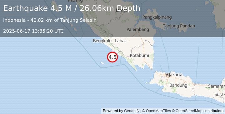 Earthquake Southern Sumatra, Indonesia (4.5 M) (2025-06-17 13:35:20 UTC)