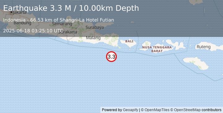 Earthquake South of Java, Indonesia (3.3 M) (2025-06-18 03:25:10 UTC)