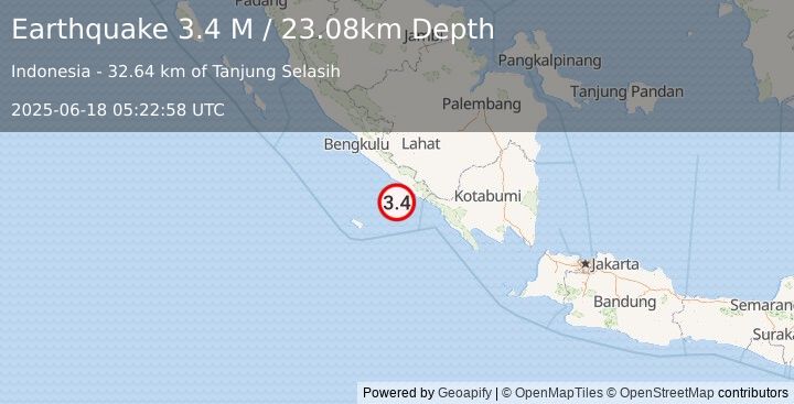Earthquake Southern Sumatra, Indonesia (3.4 M) (2025-06-18 05:22:58 UTC)