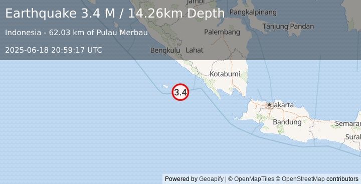 Earthquake Southern Sumatra, Indonesia (3.4 M) (2025-06-18 20:59:17 UTC)