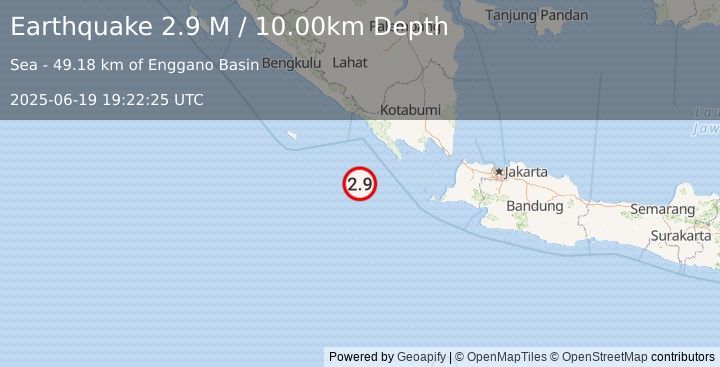 Earthquake Southwest of Sumatra, Indonesia (2.9 M) (2025-06-19 19:22:25 UTC)