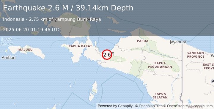 Earthquake West Papua Region, Indonesia (2.6 M) (2025-06-20 01:19:46 UTC)