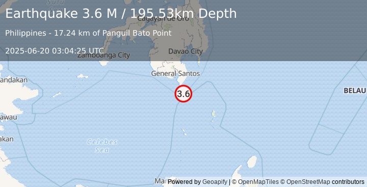 Earthquake Mindanao, Philippines (3.6 M) (2025-06-20 03:04:25 UTC)