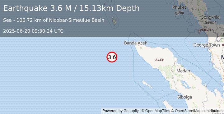 Earthquake Off West Coast of Northern Sumatra (3.6 M) (2025-06-20 09:30:24 UTC)