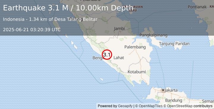 Earthquake Southern Sumatra, Indonesia (3.0 M) (2025-06-21 03:21:37 UTC)