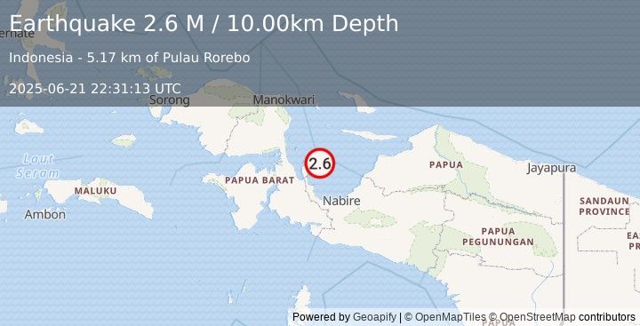 Earthquake West Papua Region, Indonesia (2.6 M) (2025-06-21 22:31:13 UTC)