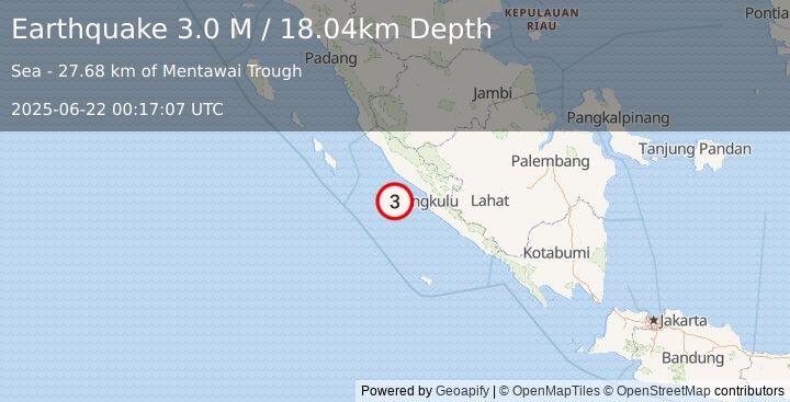 Earthquake Southern Sumatra, Indonesia (3.0 M) (2025-06-22 00:17:07 UTC)