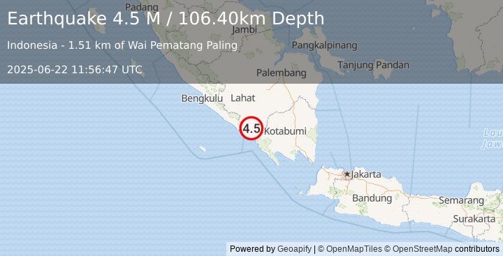 Earthquake Southern Sumatra, Indonesia (4.5 M) (2025-06-22 11:56:47 UTC)