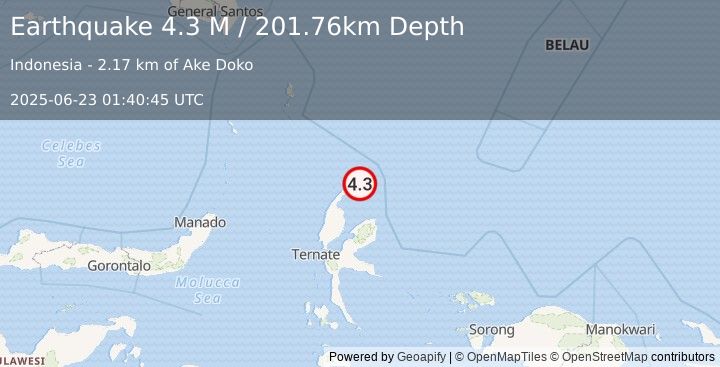 Earthquake Halmahera, Indonesia (4.3 M) (2025-06-23 01:40:45 UTC)