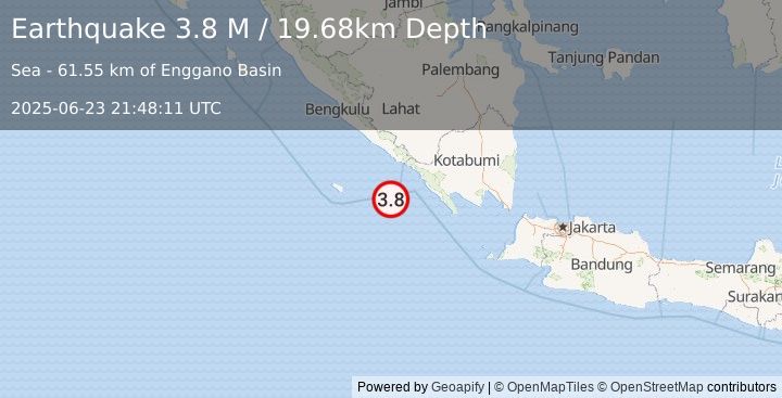 Earthquake Southern Sumatra, Indonesia (3.8 M) (2025-06-23 21:48:11 UTC)