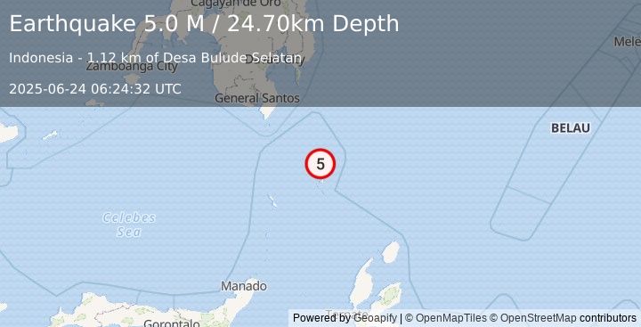 Earthquake Talaud Islands, Indonesia (4.9 M) (2025-06-24 06:24:33 UTC)