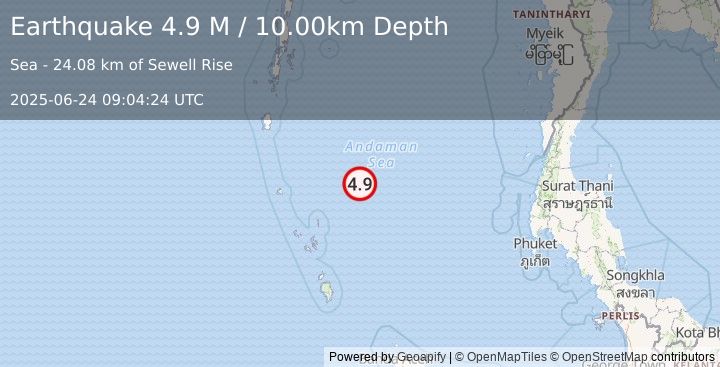 Earthquake Nicobar Islands, India Region (4.9 M) (2025-06-24 09:04:24 UTC)