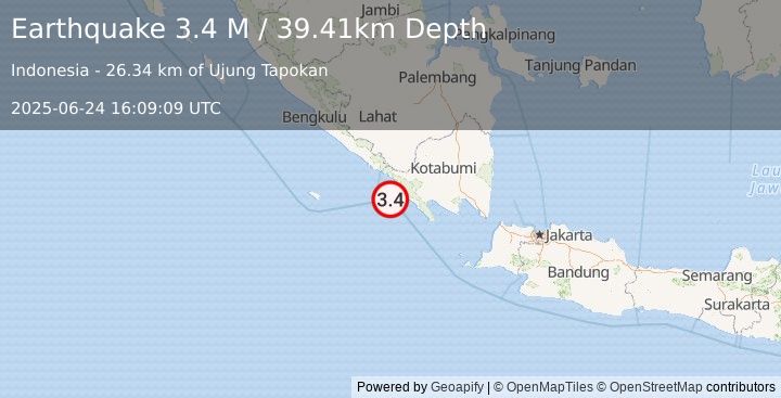 Earthquake Southern Sumatra, Indonesia (3.4 M) (2025-06-24 16:09:09 UTC)
