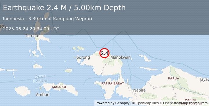 Earthquake West Papua Region, Indonesia (2.4 M) (2025-06-24 20:34:09 UTC)