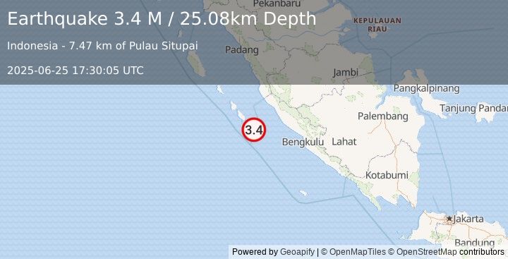Earthquake Southern Sumatra, Indonesia (3.4 M) (2025-06-25 17:30:05 UTC)