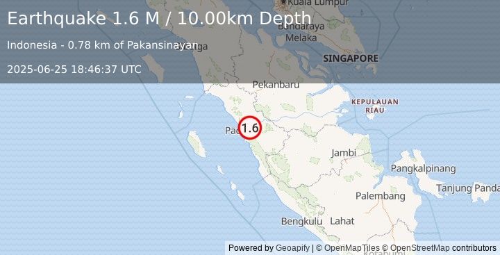 Earthquake Southern Sumatra, Indonesia (1.6 M) (2025-06-25 18:46:37 UTC)