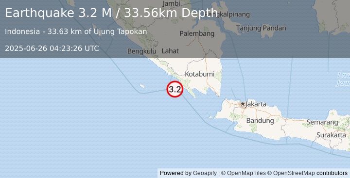 Earthquake Southern Sumatra, Indonesia (3.4 M) (2025-06-26 04:23:25 UTC)