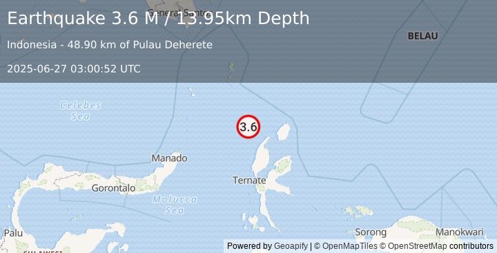 Earthquake Northern Molucca Sea (3.6 M) (2025-06-27 03:00:52 UTC)
