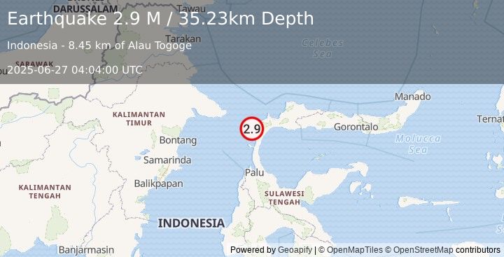 Earthquake Minahassa Peninsula, Sulawesi (2.9 M) (2025-06-27 04:04:00 UTC)