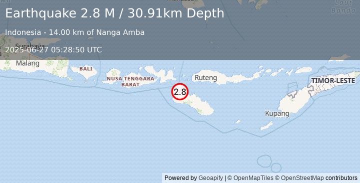 Earthquake Sumba Region, Indonesia (2.8 M) (2025-06-27 05:28:50 UTC)