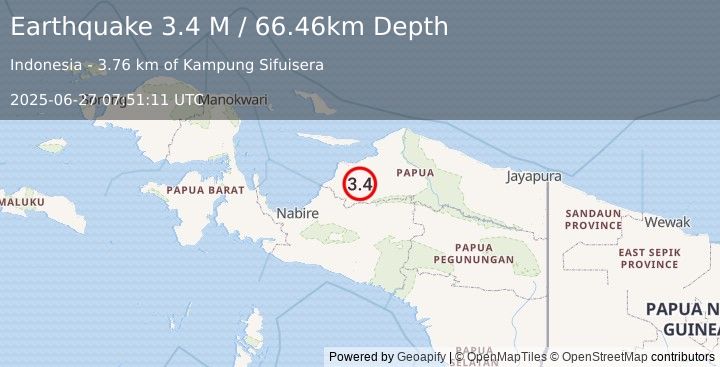 Earthquake West Papua Region, Indonesia (3.4 M) (2025-06-27 07:51:11 UTC)