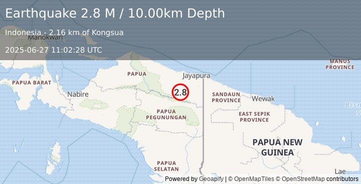 Earthquake West Papua, Indonesia (2.8 M) (2025-06-27 11:02:28 UTC)