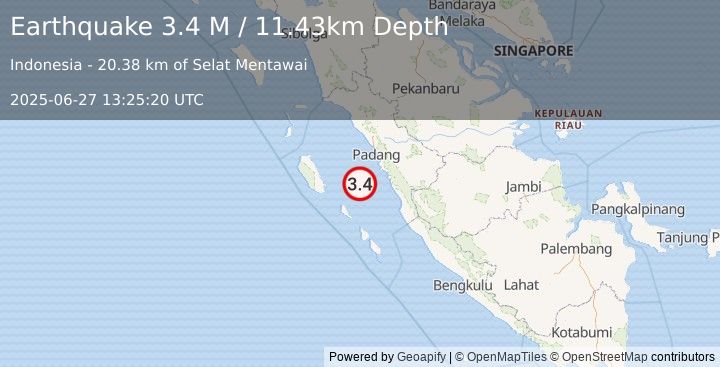 Earthquake Southern Sumatra, Indonesia (3.4 M) (2025-06-27 13:25:20 UTC)
