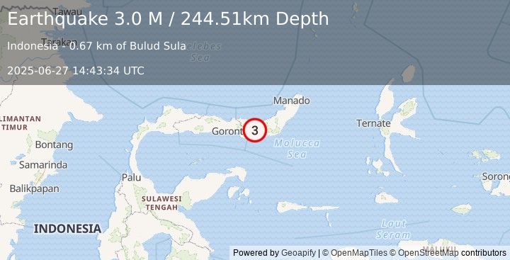 Earthquake Minahassa Peninsula, Sulawesi (3.0 M) (2025-06-27 14:43:34 UTC)