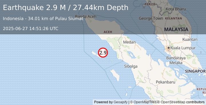 Earthquake Northern Sumatra, Indonesia (2.9 M) (2025-06-27 14:51:26 UTC)