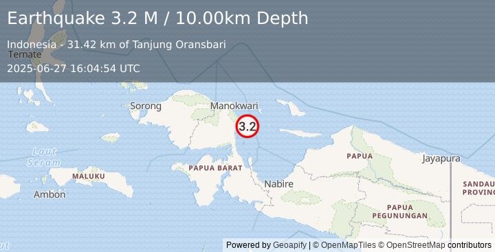 Earthquake West Papua Region, Indonesia (3.2 M) (2025-06-27 16:04:54 UTC)