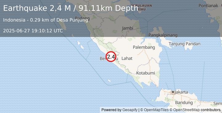 Earthquake Southern Sumatra, Indonesia (2.4 M) (2025-06-27 19:10:12 UTC)