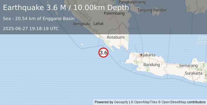 Earthquake Southwest of Sumatra, Indonesia (3.6 M) (2025-06-27 19:18:19 UTC)