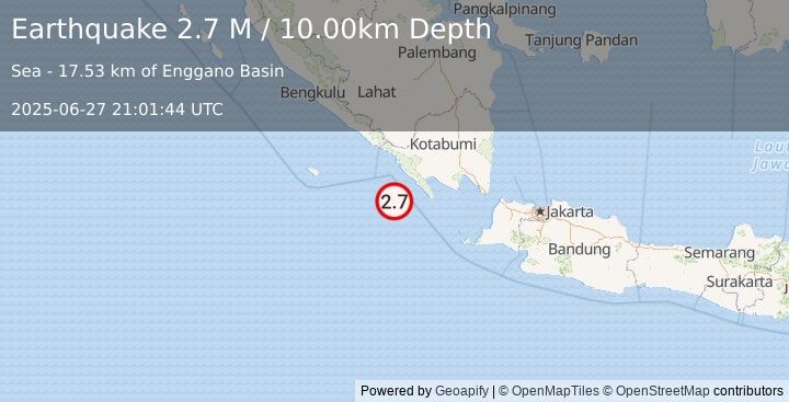 Earthquake Southern Sumatra, Indonesia (2.7 M) (2025-06-27 21:01:44 UTC)