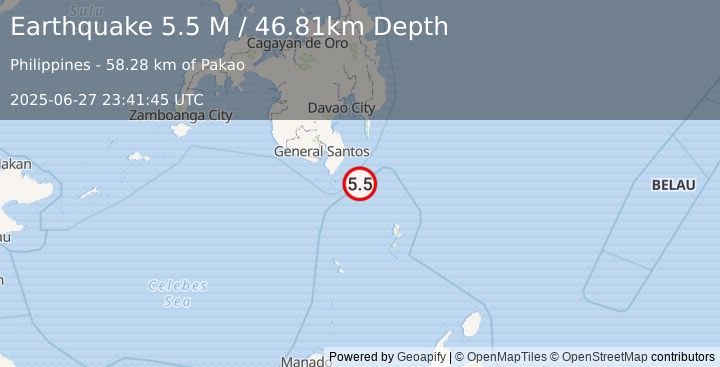 Earthquake Mindanao, Philippines (5.5 M) (2025-06-27 23:41:45 UTC)