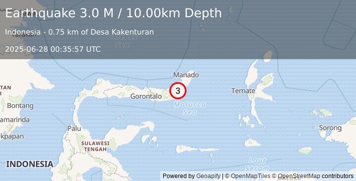 Earthquake Minahassa Peninsula, Sulawesi (3.0 M) (2025-06-28 00:35:57 UTC)