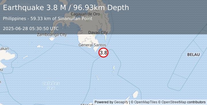 Earthquake Mindanao, Philippines (3.8 M) (2025-06-28 05:30:50 UTC)