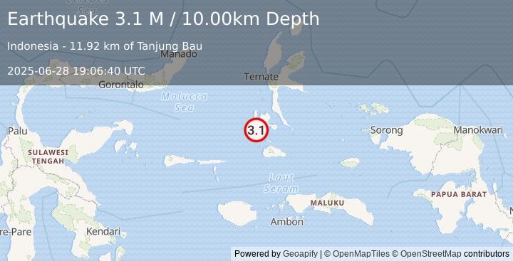 Earthquake Halmahera, Indonesia (3.1 M) (2025-06-28 19:06:40 UTC)