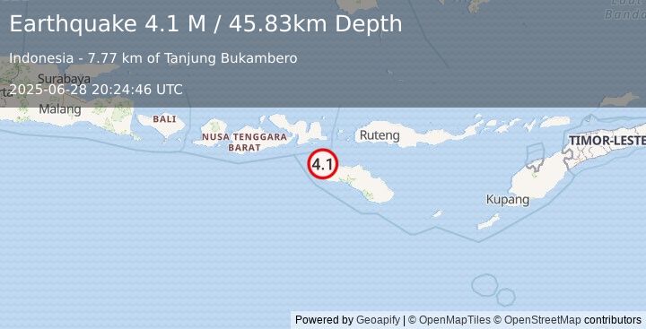 Earthquake Sumba Region, Indonesia (4.1 M) (2025-06-28 20:24:46 UTC)