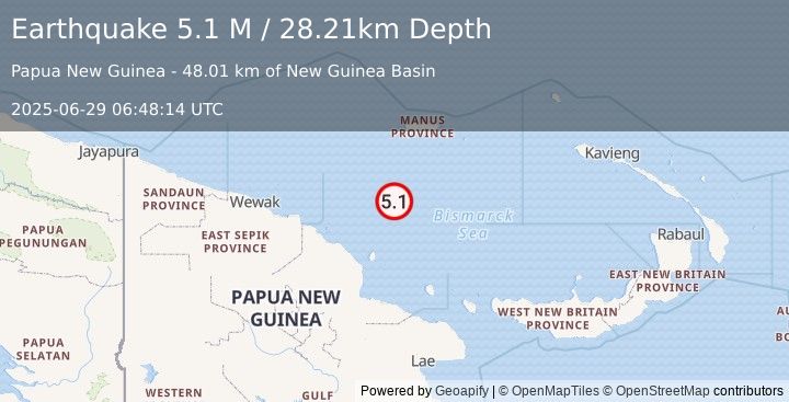 Earthquake Bismarck Sea (5.1 M) (2025-06-29 06:48:15 UTC)