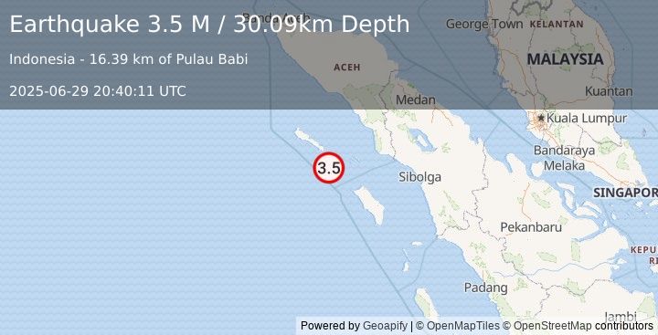 Earthquake Off West Coast of Northern Sumatra (3.5 M) (2025-06-29 20:40:11 UTC)